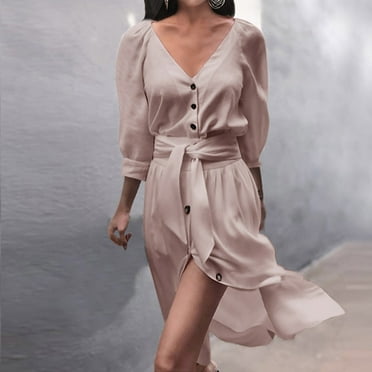 Sentmoon Button Womens Dresses Long Sleeve V Neck Dresses for Women 2024 Loose Fit Knotted Solid Color Short Dresses,Fit & Flare Trendy Womens Fashion Pink M Up to 50% off