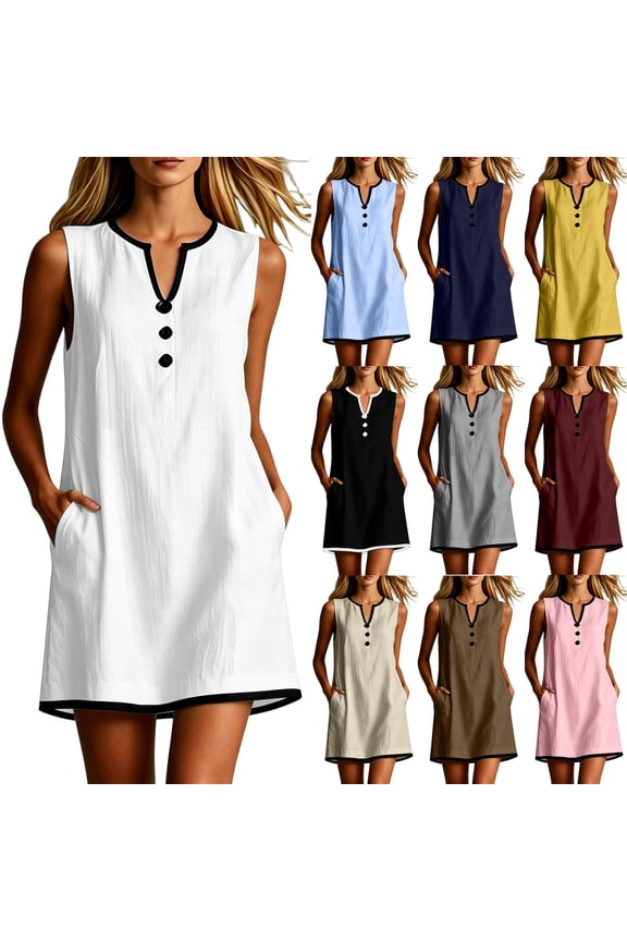 Button up Dress Shirt Dress with Pockets Color Block Sleeveless V Neck Regular Fit 2026 Summer Women's Dress for Going Out and Party