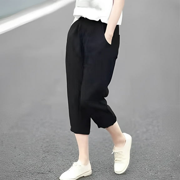 Sentmoon Capri Pants for Women Linen Loose Fit Wide Leg Elastic Waist Sweatpant with Pockets Button Detail Solid Color Jogger Stylish Women's for Summer Sports Wear Black L