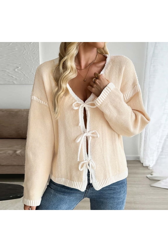 Cardigan Sweaters for Women Lightweight V Neck Long Sleeve Pullover Sweaters for Women Drawstring Slim Knitted Cropped Womens Clothes Trendy 2025 Fall and Winter for Party Khaki M