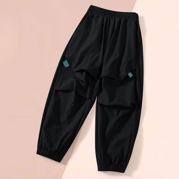 Sentmoon Cargo Pants for Boys Elastic Waist Loose Fit Wide Leg Parachute Pants with Pockets Elastic Hem Solid Color Sweatpants Fashion for Children Sports Practice Black 12-13Years