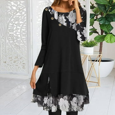 Sentmoon Casual Black Dresses for Women Long Sleeve Crew Neck Fall Dresses for Women 2024 Patchwork Fashion Floral Print Short Dresses,Loose Flowy Stylish A-line Dresses Black L Up to 40% Off