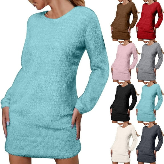 Sentmoon Casual Dress Long Sleeve Crew Neck Elegant Dresses for Women Warm Solid Color Loose Breathable Oversized Boho Dress Streetwear for Beach Vacation XL