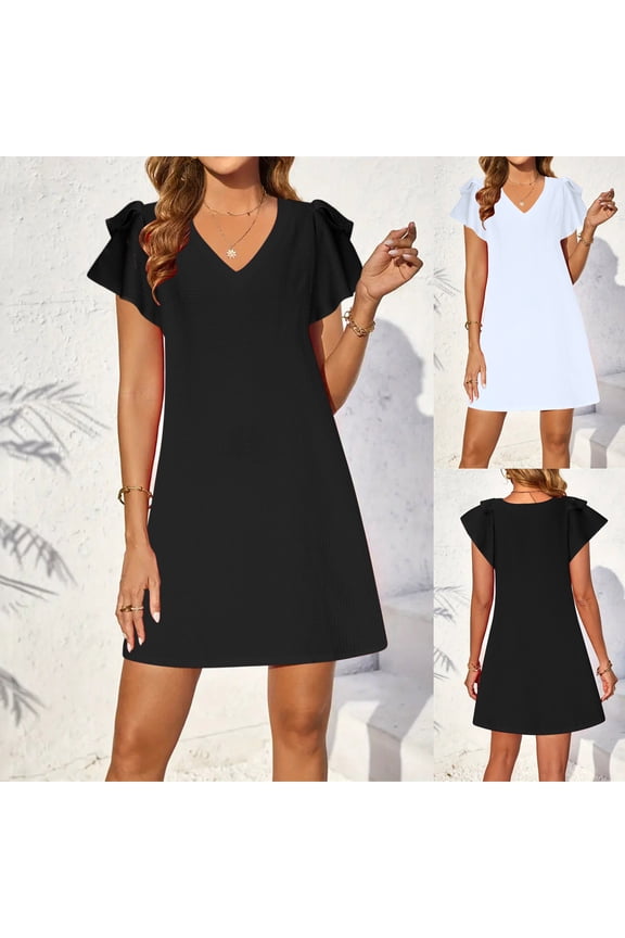 Casual Dresses for Women 2026 Solid Color Womens Dress V Neck Short Sleeve Party Oversized Vacation Dresses Beach Stuff for Moms Daily and Casual S