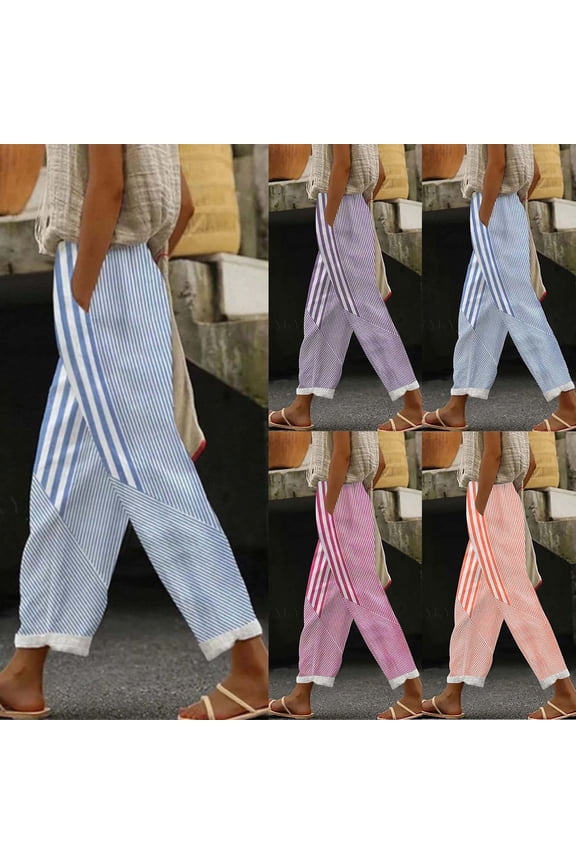 Casual Pants for Women Striped Print Elastic Waist Petite Pants Oversized Relaxed Fit Wide Leg Womens Work Pants with Pocket Beach Vacation Essentials for Summer and Hot Weather