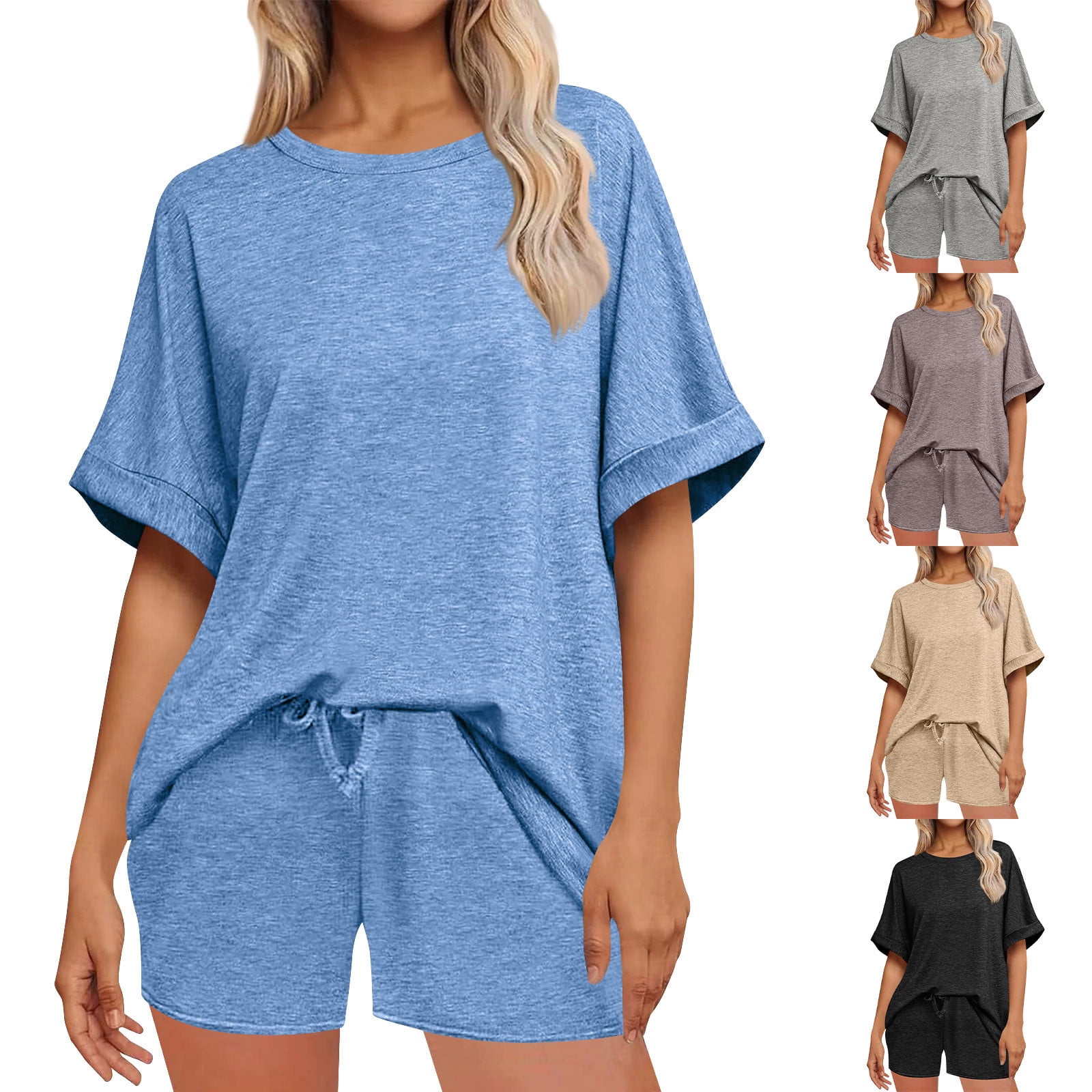 Women Fashion Casual Colorblock Round-Neck Short-Sleeve Top Loose Pants Two-Piece Set