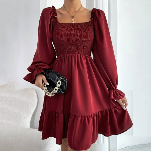 Sentmoon Casual Womens Dresses Long Sleeve Square Neck Fall Dresses for Women 2024 Swing Ruffle Solid Color Short Dresses,Fit & Flare Workout Women Clothing Wine L