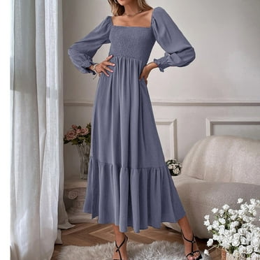 Sentmoon Casual Womens Dresses Long Sleeve Square Neck Holiday Dresses for Women High Waist Fashion Short Dresses,Fit & Flare Fashion A-line Dresses Gray S Up to 40% Off