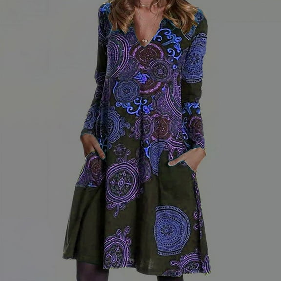 Sentmoon Casual Womens Dresses Long Sleeve V Neck Dresses for Women Vintage Fashion Floral Print Short Dresses,OverSized Trendy Women Clothing Purple XXL