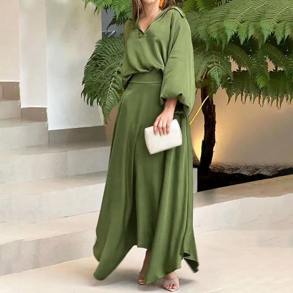 Sentmoon Casual Womens Dresses Long Sleeve V Neck Fall Dresses for Women 2024 High Waist Fashion Solid Color Short Dresses,Fit & Flare Workout Womens Fashion Green L