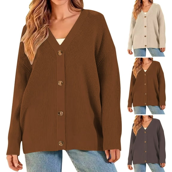 Sentmoon Casual Work Outfits for Women Oversized V Neck Long Sleeve Sweater Cardigan Button up Loose Womens Sweatshirts Fall and Winter for Coffee Date Sweater Gray M