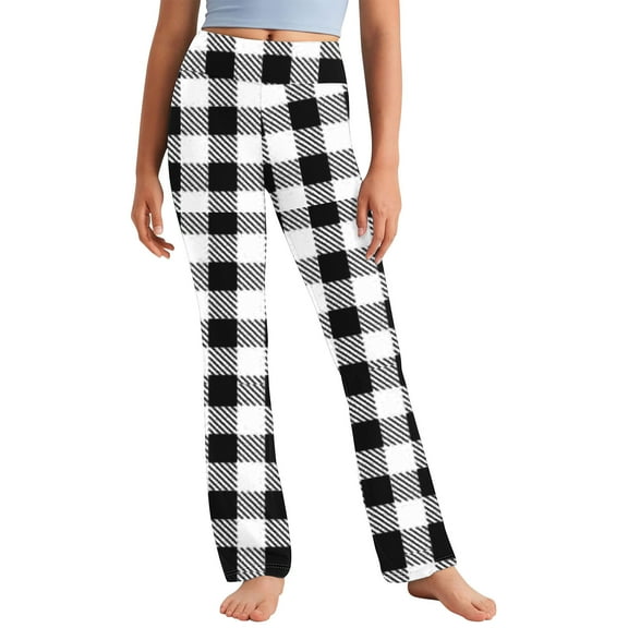 Sentmoon Children Yoga Pants High Waisted Buttery Soft Slim Athletic Leggings Plaid Print Full Length Tummy Control Stretchy Pants Summer Casual Girls for Runs Workouts Black 6 Years