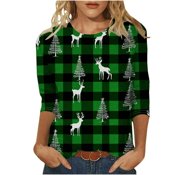 Sentmoon Christmas Shirt Women Crew Neck Long Sleeve Fall Womens Clothes Oversized Loose Womens Fall Outfits with Christmas Print Breathable Fall and Winter for Daycare Green S