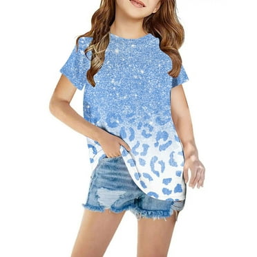 Sentmoon Clearance Items Tops for Girl Girls Shirts Tunic Crew Neck Kids Clothes Classic Fit Short Sleeve Casual Print Plus Size Workout Blouse Sky Blue 110