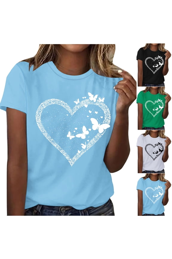 Clothes for Women Womens Tops Ladies' Fashion Casual Lover Printed Crew Neck Short Sleeved Shirt Streetwear for Travel & Vacation S