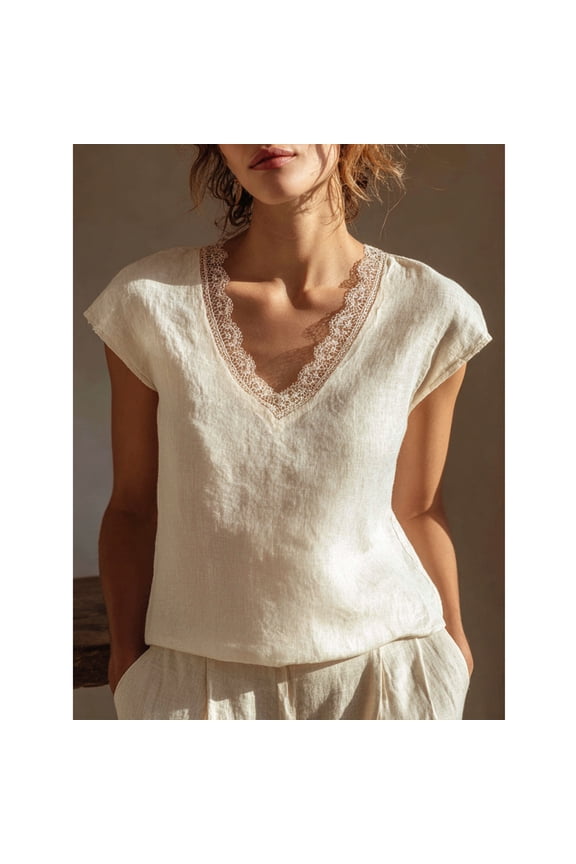 Clothing Spring Tops for Women Women's Spring and Summer Lace Sleeve Crew Neck Casual Solid Color Loose Linen Top Stylish for Summer & Hot Weather White L