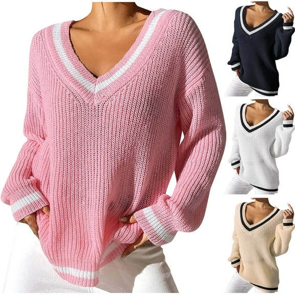 Sentmoon Clothing V Neck Long Sleeve Fall Sweaters for Women Plus Size Color Block Loose Stretchy and Flexible Women Tops Winter for Layering Under Jackets S