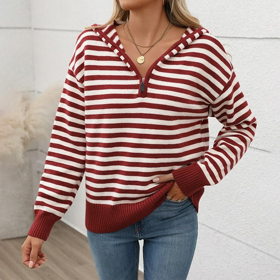 Sentmoon Club Outfits for Women Hooded Neck Long Sleeve Womens Pullover Striped Loose Warm Zippered Women's Tops Fall and Winter for Chilly Winter Mornings Wine M