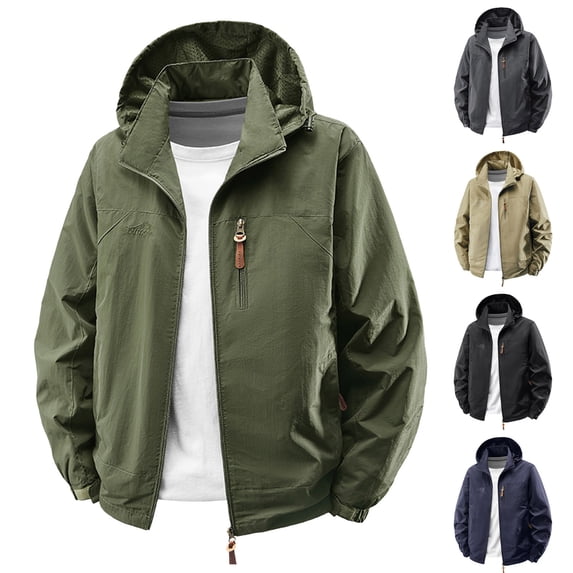 Sentmoon Coats for Men Solid Color Long Sleeve Hooded Neck Ski Jacket Men Waterproof Plus Size Zipper Windbreaker Men Clothes with Pockets Fall and Winter Streetwear for Walking and Daily