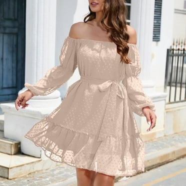 Sentmoon Cold Shoulder Cutout Dress Long Sleeve Off Shoulder Dresses for Women Casual Fashion Solid Color Short Dresses,Fit & Flare Workout Womens Fashion Apricot XL