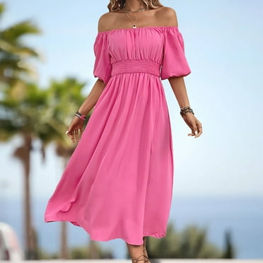 Sentmoon Cold Shoulder Cutout Dress Short Sleeve Off Shoulder Holiday Dresses for Women High Waist Fashion Solid Color Short Dresses,Fit & Flare Sexy Womens Fashion Hot Pink XL Deals of the Day Clear