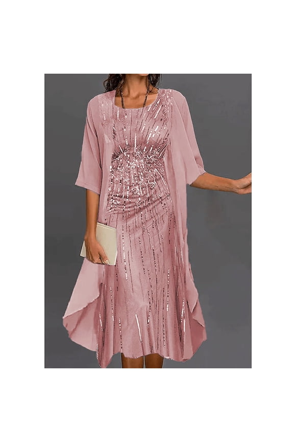 Comfort Womens Dresses Crew Neck Dresses for Women 2024 Casual Fashion Chiffon Print Short Dresses,Fit & Flare Stylish A-line Dresses Pink XXXL
