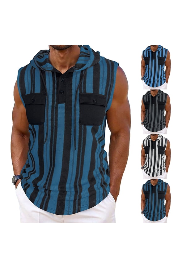 Compression Undershirts for Men and Sleeveless Hooded Neck Summer Mens Gym Clothes Striped Print with Pockets Basketball Loose Button Up Plus Size Shirt Holiday for Casual Streetwear L