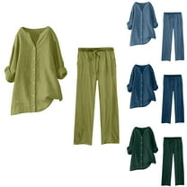Sentmoon Cute Sets for Women Blouse for Women and Business Pants Plus Size Long Sleeve V Neck Stretchy Tshirts Shirts for Women Loose Solid Color Button Down Fall Outfit for Winter Stroll