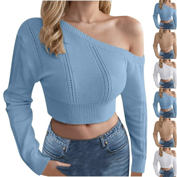 Sentmoon Cute Sweaters V Neck Stretchy and Flexible Knitted Long Sleeve Blouses for Women Off Shoulder Solid Color Plus Size Loose Outfit Streetwear Fall and Winter for Movie Nights at Home