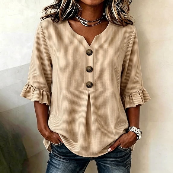 Sentmoon Cute Tops for Women 3/4 Sleeve V Neck Fall Clothing Striped Print Button Down Ruffle Regular Fit Streetwear Womens Blouses Casual for Travel S-2XL