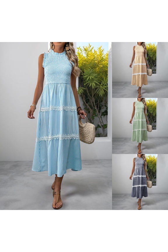Date Night Dress Party Stretchy Regular Fit Interview Dress Summer 2026 Striped Print Sleeveless Crew Neck Evening Dresses for Women Beach Stuff for Work and Office M