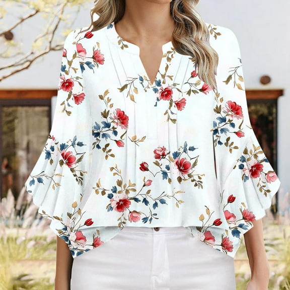 Sentmoon Date Outfits 3/4 Sleeve Oversized V Neck Breathable Spring Tops for Women Floral Print Loose Beach Shirts Summer 2025 Trendy for Weekend Brunch White L