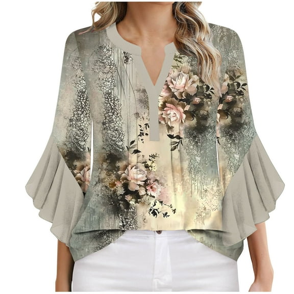 Sentmoon Date Outfits Plus Size V Neck Pleated 3/4 Length Sleeve Womens Tops Flower Print Loose Hawaiian Shirt 2025 Summer Fashion for Business Travel Khaki L