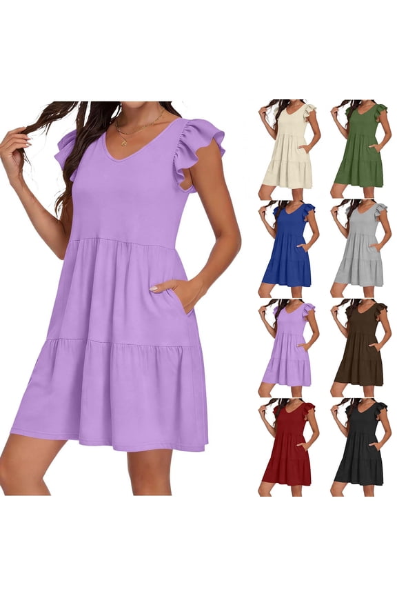 Deep V Neck Dress Tshirt Dress Women Summer Modest Dress Solid Color Short Sleeve Stretchy Regular Fit Maxi Dresses for Women 2026 with Pockets Beach S-2XL