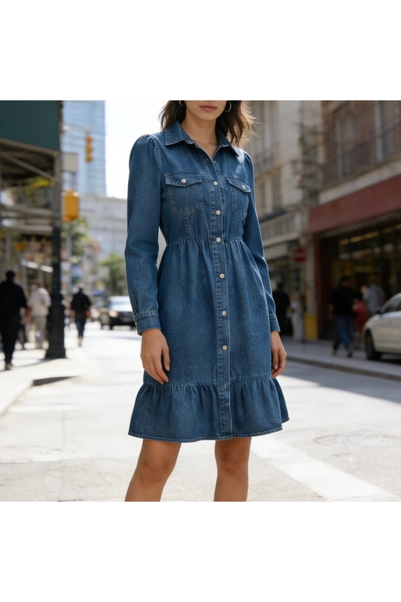 Denim Dress Wedding Dress 2026 Summer Long Sleeve Lapel Button Down Ruffle Elastic Waist Stretchy Regular Fit Active Womens Maxi Dress for Work and Office S-3XL