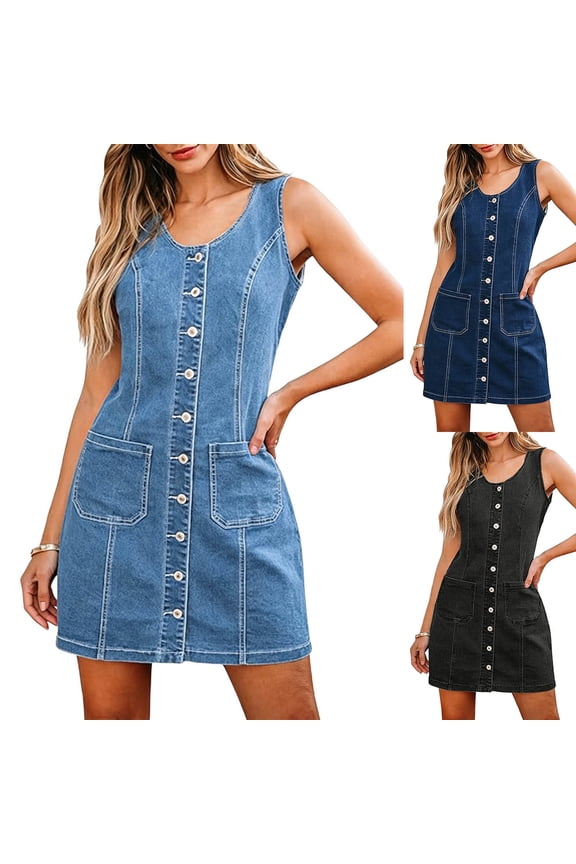 Denim Dress for Women Cocktail Party Dress 2026 Summer Sleeveless Crew Neck Button Down with Pockets Breathable Regular Fit Comfy Conservative Dress S-2XL