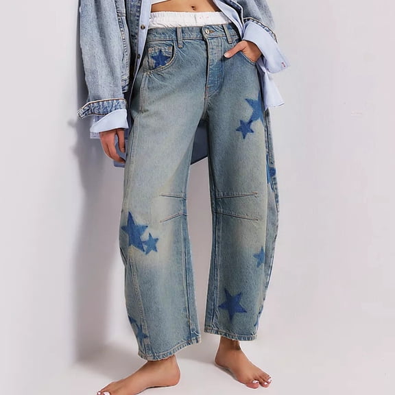 Sentmoon Denim Pants Loose Fit Mid Waist Jeans Star Pattern Cylindrical Straight Cut Denim Relaxed Style Classic Pocketed Design Fashion for Versatile Everyday Looks