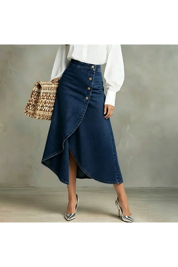 Denim Skirt Jean Skirt 2026 Summer Button Down Breathable Regular Fit Fashion Skirts for Women Midi Length for Travel and Holiday S-2XL
