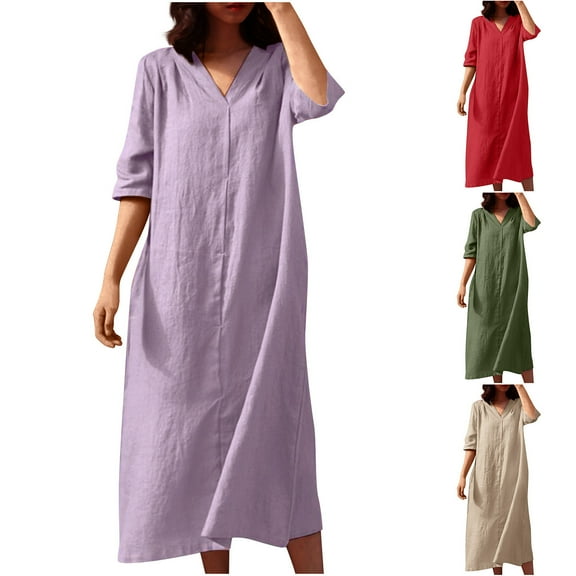 Sentmoon Dinner Dresses for Women Short Sleeve V Neck Sun Dresses Women 2026 Summer Solid Color Loose Fit Breathable Cocktail Vacation Dress for Daily and Commute Red M