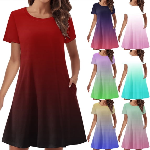 Sentmoon Dress Short Sleeve Gradient Color Stretchy Boho Dresses for Women 2026 Summer with Pockets Beach Regular Fit Crew Neck Beach Dress for Club and Bar Green L
