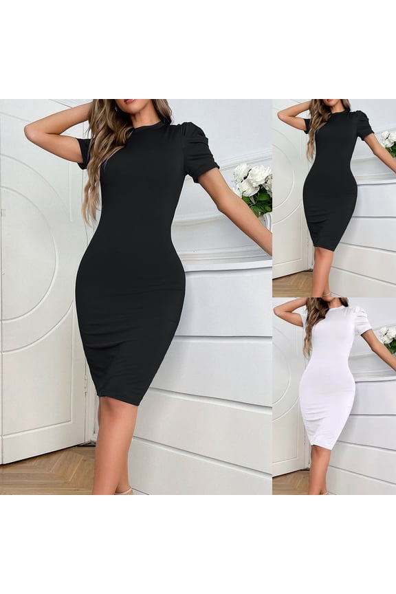 Dresses Cocktail Short Sleeve Crew Neck Vacation Dress Solid Color Stretchy Slim Fit Sun Dress Beach Stuff for Club and Bar White XL