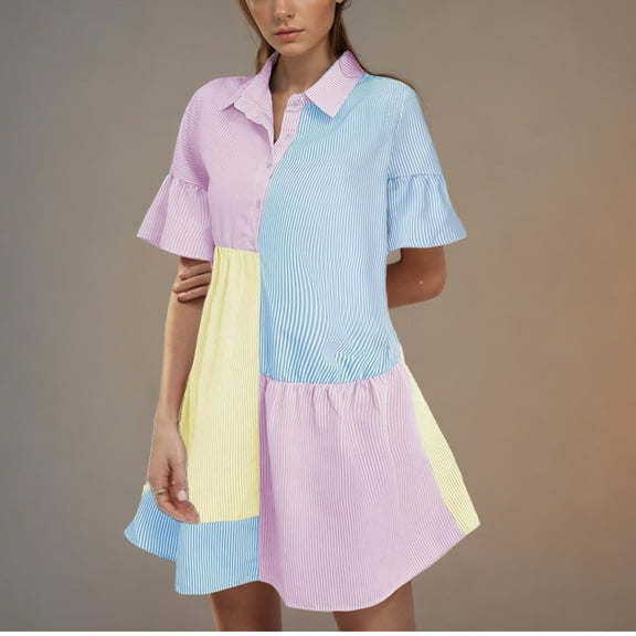Sentmoon Dresses Oversized Short Sleeve Vacation Dresses for Women 2025 Stripe Print Loose Collar Cute Summer Dresses Soft and Comfortable for Casual Wear XL