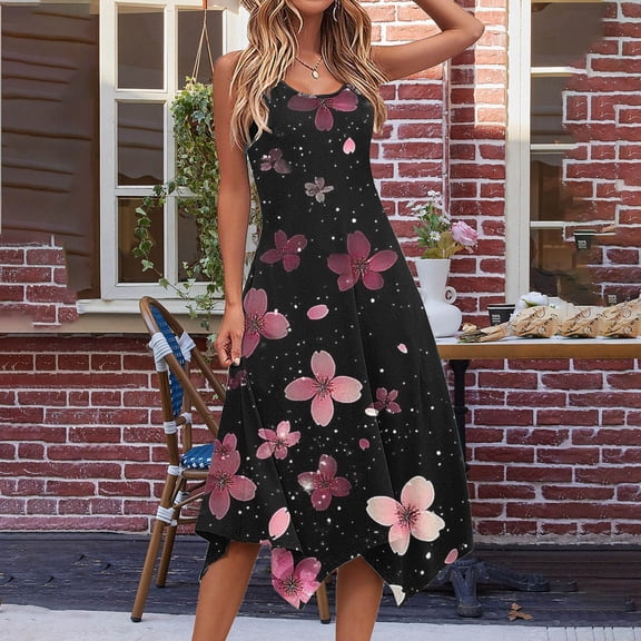 Sentmoon Dresses Stylish Boho Sleeveless Spaghetti Strap Dresses for Women Floral Print Crew Neck Womens Summer Dresses Casual Side Pockets for Lounge at Home XXL