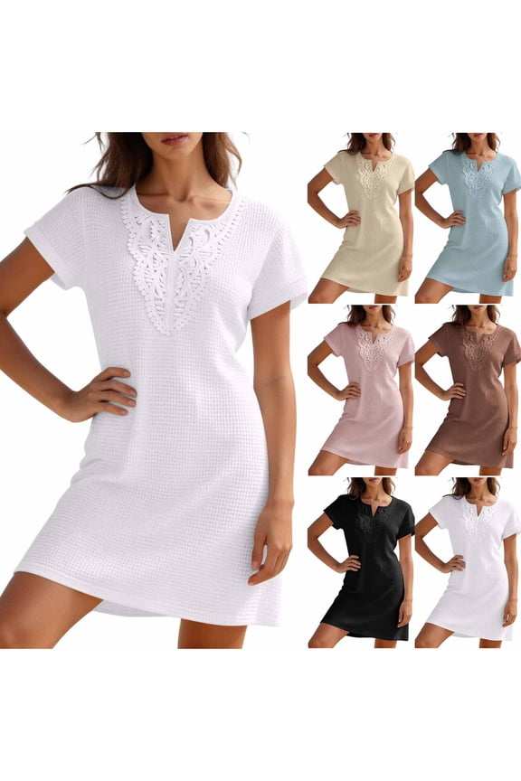 Dresses for Women Beach Dresses for Women Regular Fit 2026 Summer Solid Color Short Sleeve V Neck Conservative Dress for Business and Casual S-2XL