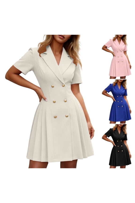 Elegant Dresses for Women Beach Dresses for Women Summer 2026 Solid Color Short Sleeve Lapel Slim Fit Spring Dresses for Women for Professional and Smart Casual S-XXL