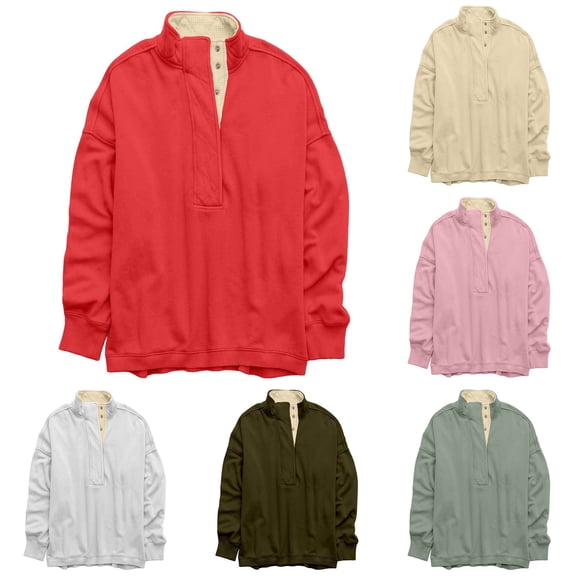 Sentmoon Fall Clothes Women Women's Tops Women Half-Placket Contrast Collar Loose Long Sleeve Casual Snap Button Pullover Sweatshirt for Cold Weather and Everyday Wear Yellow L