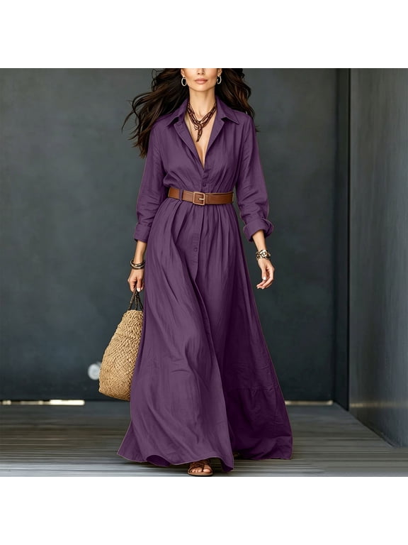 Fall Dress Long Sleeve Collared Elegant Dresses for Women Button Down Relaxed Fit Casual Dresses for Wedding Guest