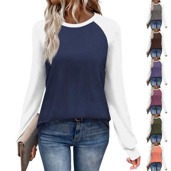 Sentmoon Fall Fashion Must Haves Women's Tops, Tees & Blouses Womens Fashion Women's Long Sleeved Shirt Color Blocked T-shirt Casual Wear Crew Neck Lightweight Casual Top