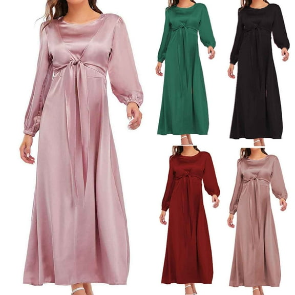 Sentmoon Fall Maxi Dresses for Women 2025 Long Sleeve Crew Neck Wedding Guest Dresses for Women Solid Color Loose Cinching Strap Cocktail Dresses Streetwear for Bookstore Visit XL