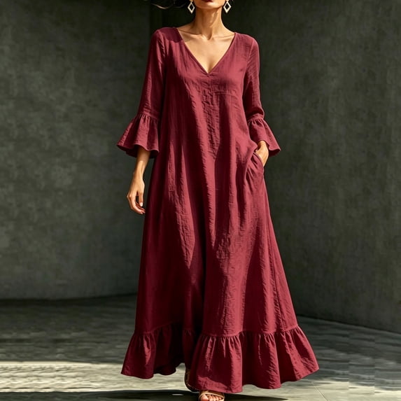 Sentmoon Fall Maxi Dresses for Women Long Sleeve V-Neck Sun Dresses for Women 2026 Ruffle Flowy Loose Casual Cocktail Dresses for Women